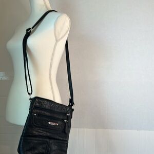 Stone Mountain Black Leather Multiple Compartment Adj Strap Crossbody Purse